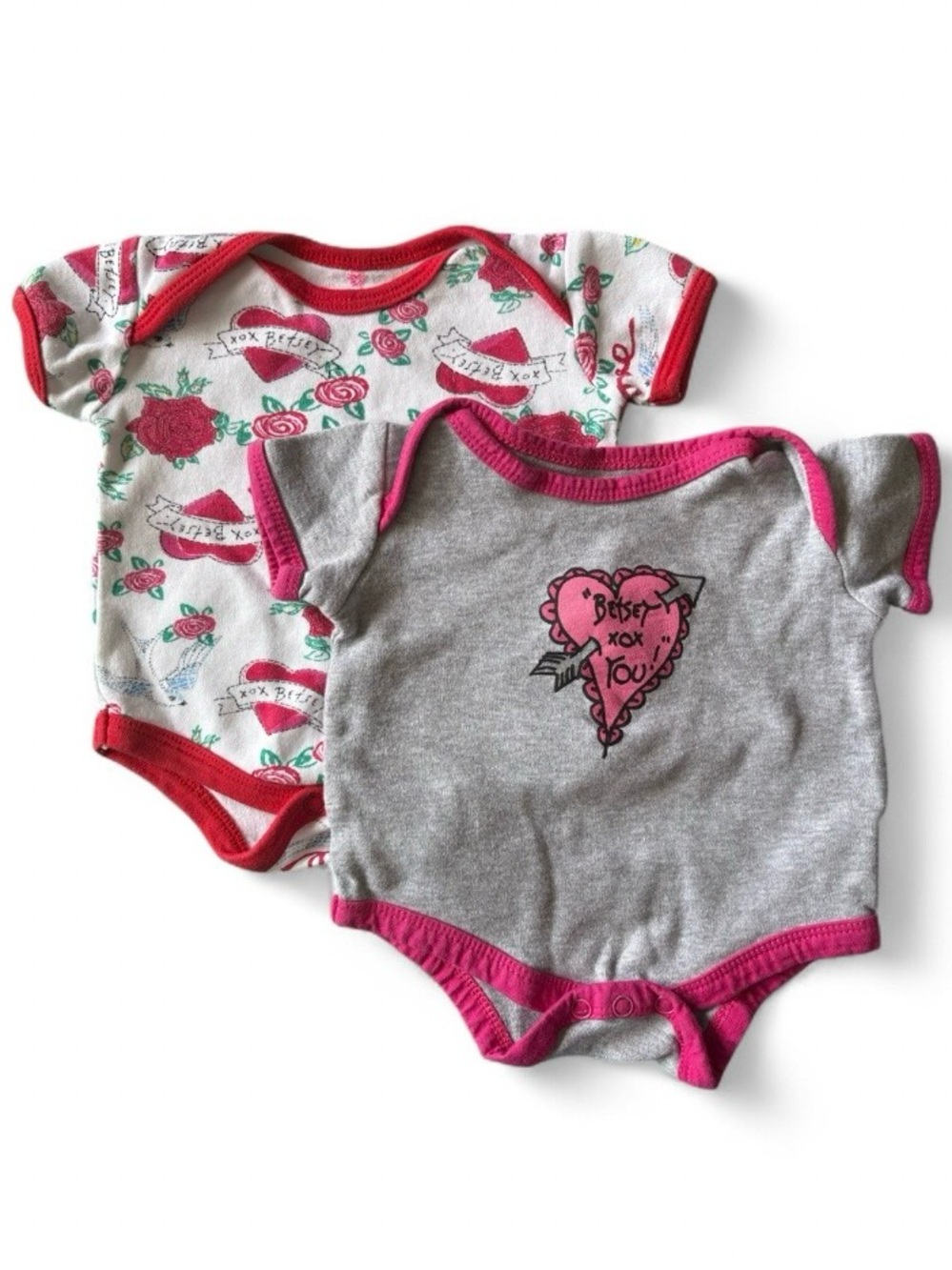 Betsey Johnson Baby Girls 2-Pack Onesies 0–3M – Heart & Rose Print Bodysuits